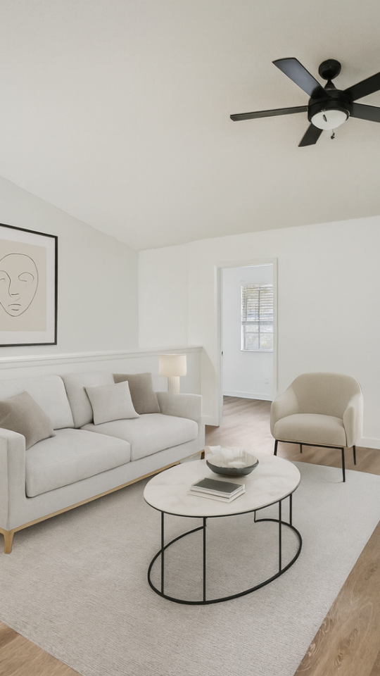 A serene and modern living room features a plush, light-colored sofa adorned with throw pillows, positioned centrally on a large area rug. The room is accented with a contemporary coffee table holding a few decorative items, and a stylish side table with a lamp. A comfortable armchair sits nearby, and a large framed artwork hangs above the sofa. The space is brightened by natural light streaming through a sliding glass door leading to a balcony, creating a tranquil atmosphere perfect for relaxation. The room's minimalist design and neutral color palette enhance its inviting and cozy ambiance.