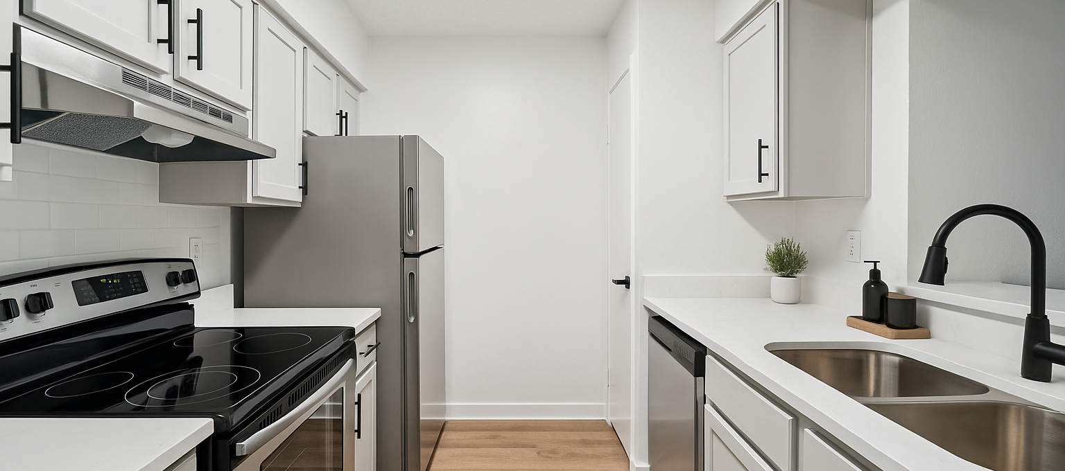 A modern kitchen showcases sleek, white cabinetry and stainless steel appliances. The space is well-lit with a clean, minimalist design. A stainless steel sink with a black faucet sits under a window, allowing natural light to brighten the countertop. A refrigerator, stove, and microwave are neatly integrated into the cabinetry, creating a functional and aesthetically pleasing environment. The wooden floor adds warmth to the room, making it inviting for cooking and gathering.