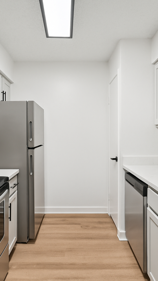 A modern kitchen showcases sleek, white cabinetry and stainless steel appliances. The space is well-lit with a clean, minimalist design. A stainless steel sink with a black faucet sits under a window, allowing natural light to brighten the countertop. A refrigerator, stove, and microwave are neatly integrated into the cabinetry, creating a functional and aesthetically pleasing environment. The wooden floor adds warmth to the room, making it inviting for cooking and gathering.